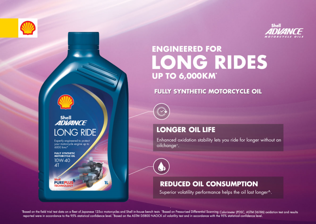 Shell Malaysia's new 1.2-litre pack of Advance 4T Long Ride 10W-40 engine oil saves time and effort.